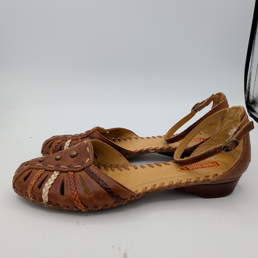 Pikolinos Mahon Brown Leather Huarache Wedge Sandal Women 40 Braided Ankle Strap - Picture 2 of 8